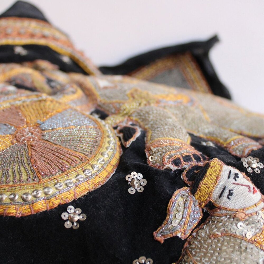 Vintage 1940s Kalaga Wall Hanging, Burmese Myanmar Elephant,  Black Velvet - Picture 10 of 10